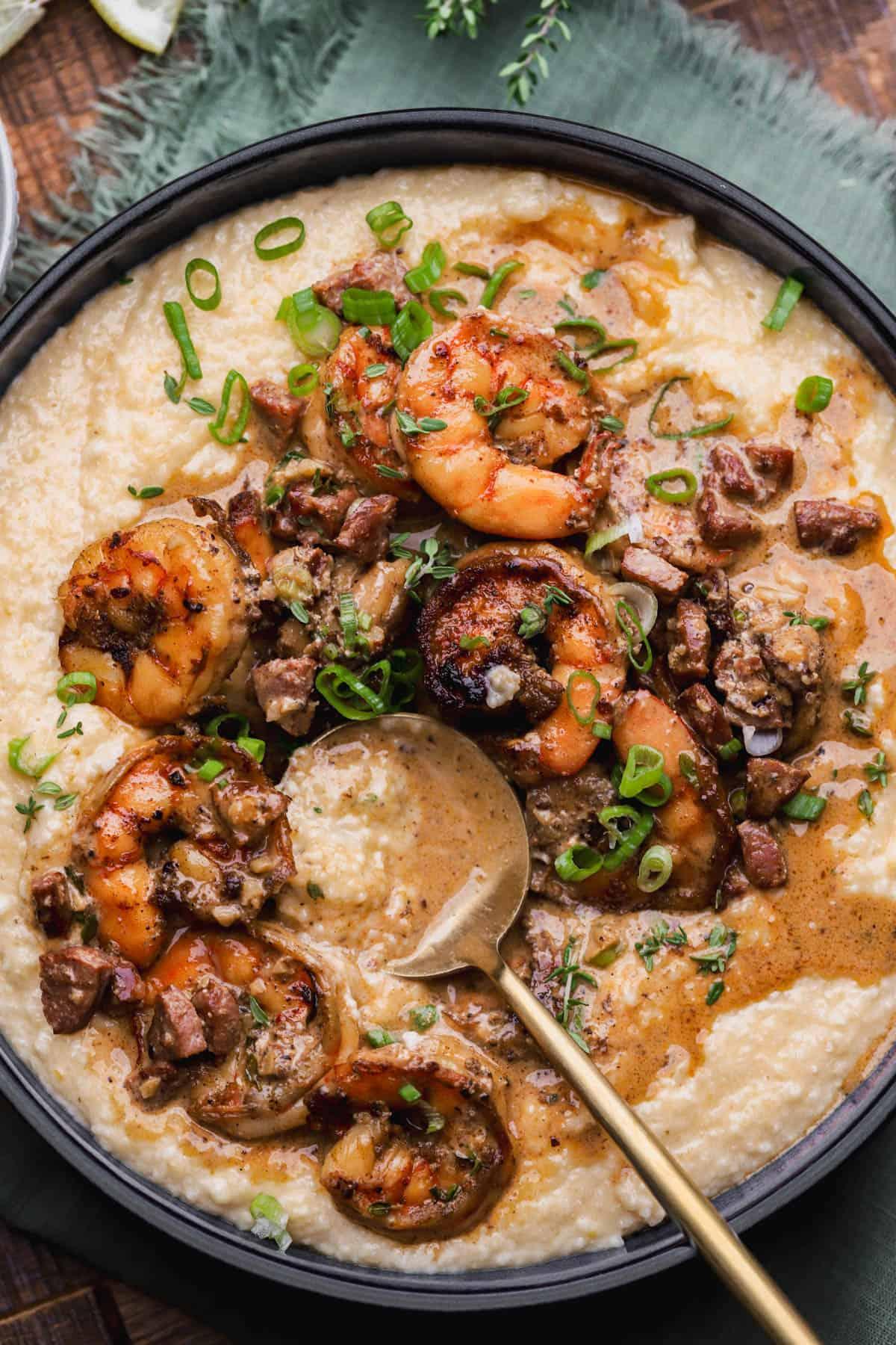 Shrimp and Grits with Andouille — Seafood — american — recipe plated and ready to serve